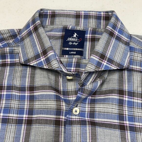 NWOT JOHNNIE-O TOP SHELF HEARST LIGHT GRAY BLUE PLAID BUTTON DOWN SHIRT LARGE - Picture 4 of 7